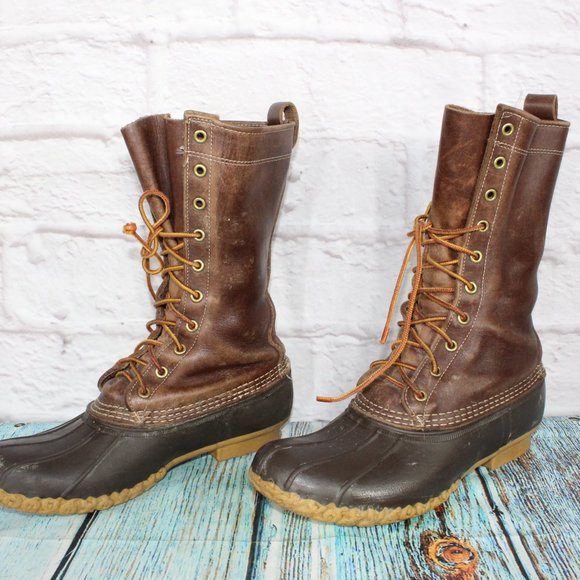LL BEAN 11" Brown Leather Rubber Unlined Lace-up Ankle Duck Boots M 8 / L 10 - Picture 2 of 8